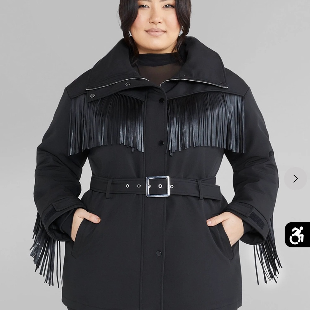 Black Fringe Belted Women's Ski Coat